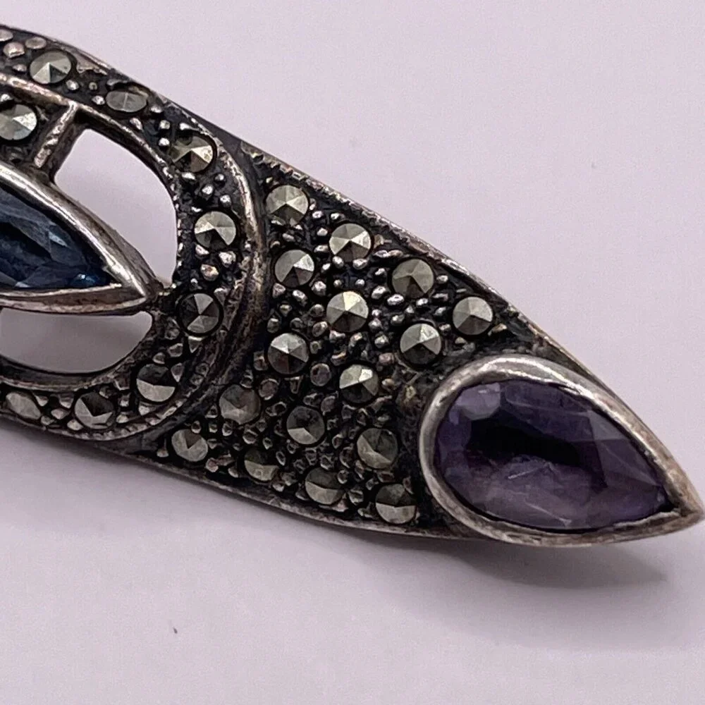 925 Sterling Silver Vintage Blue Topaz‎ Amethyst Citrine & Marcasite Brooch Pin